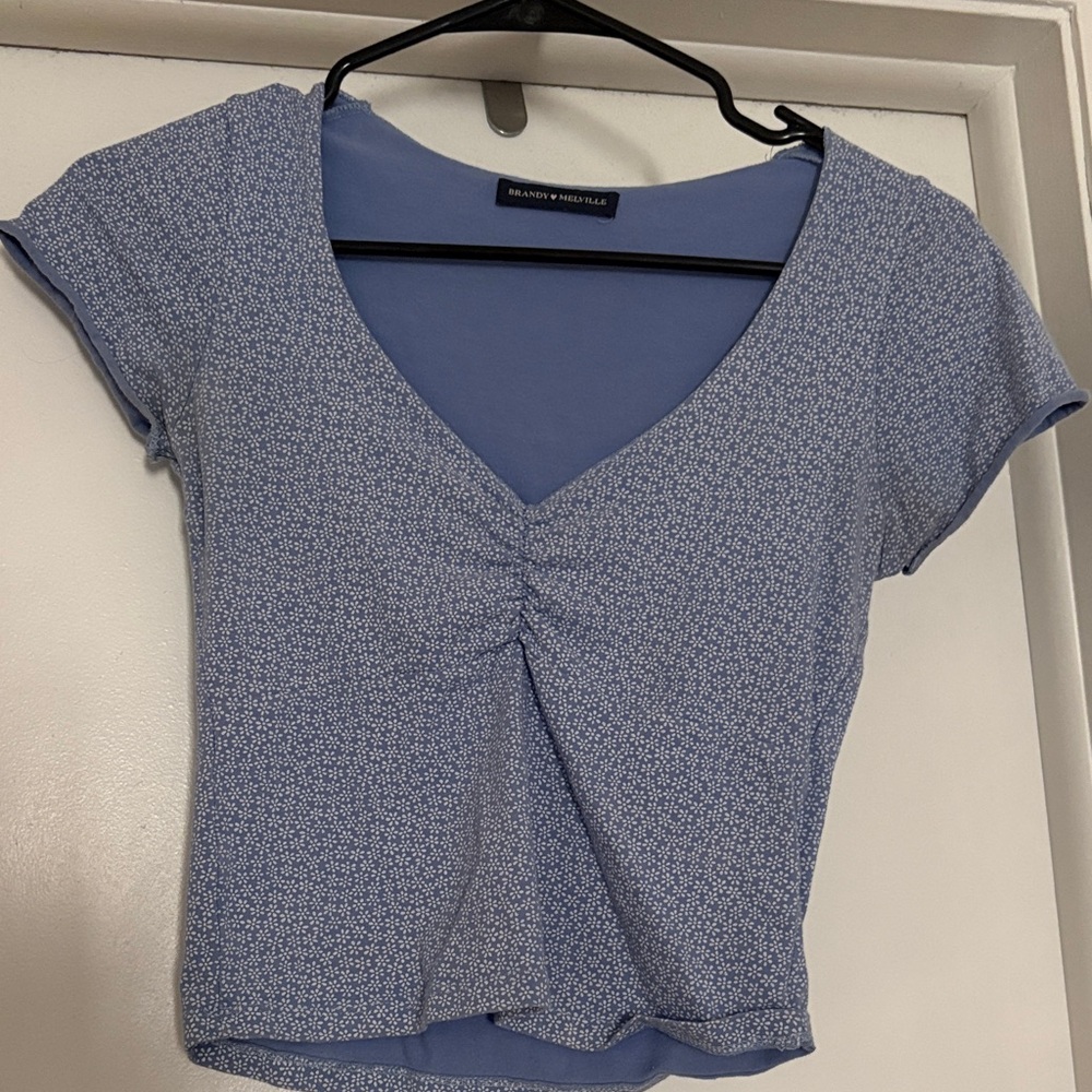 Brandy Melville Light Blue Micro-Print V-Neck Ruched Crop Top